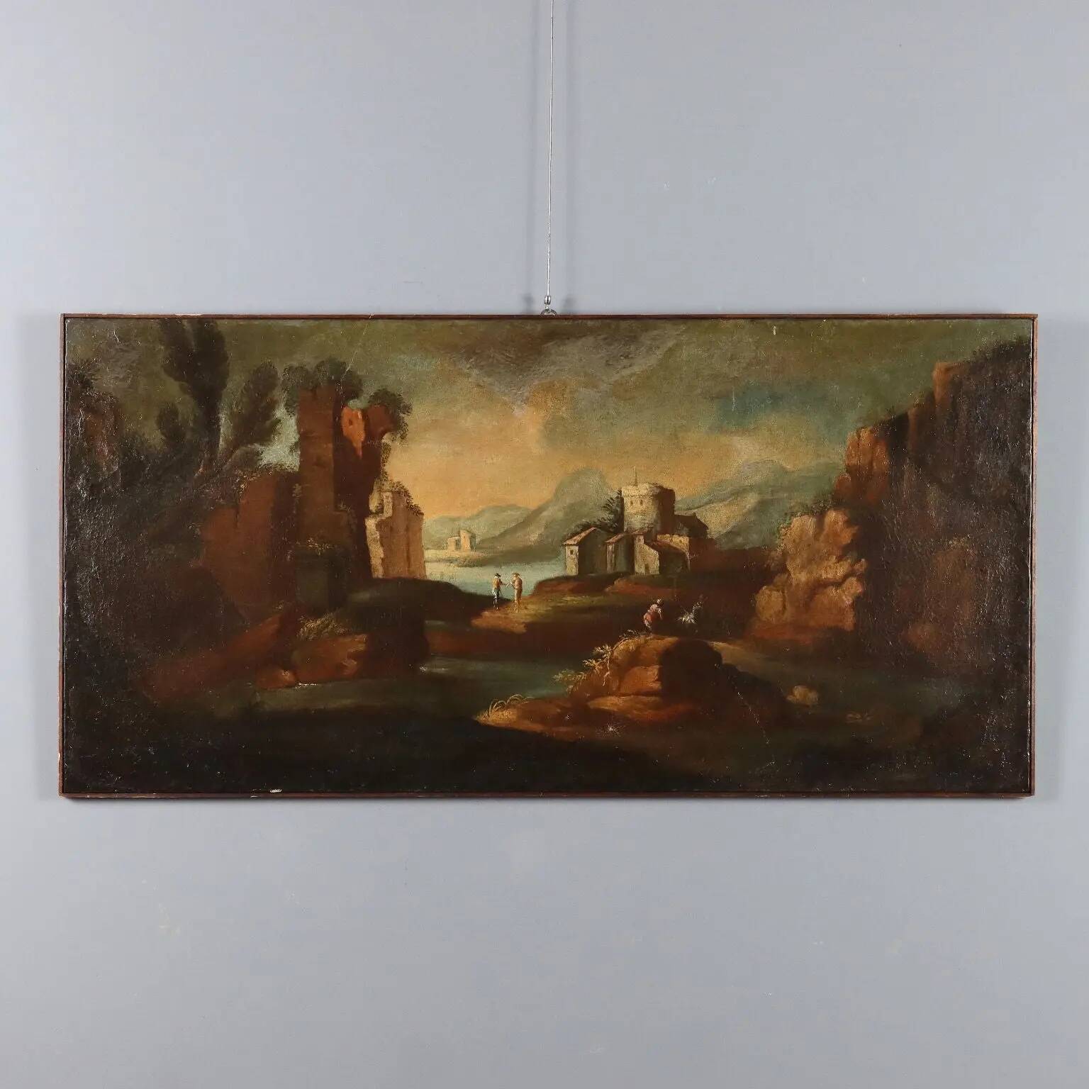 Old painting landscape with figures, oil on canvas, 18th century