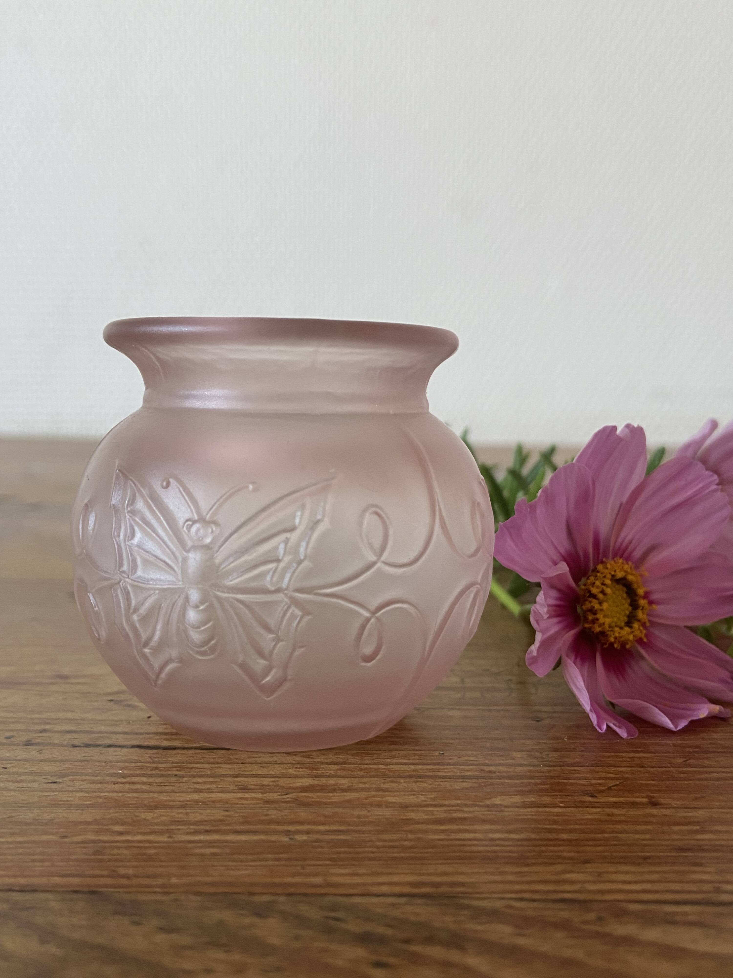 Small pink opaline vase with butterfly motif