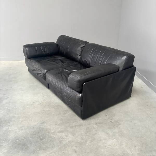 Vintage black leather sofa / daybed, 1970s