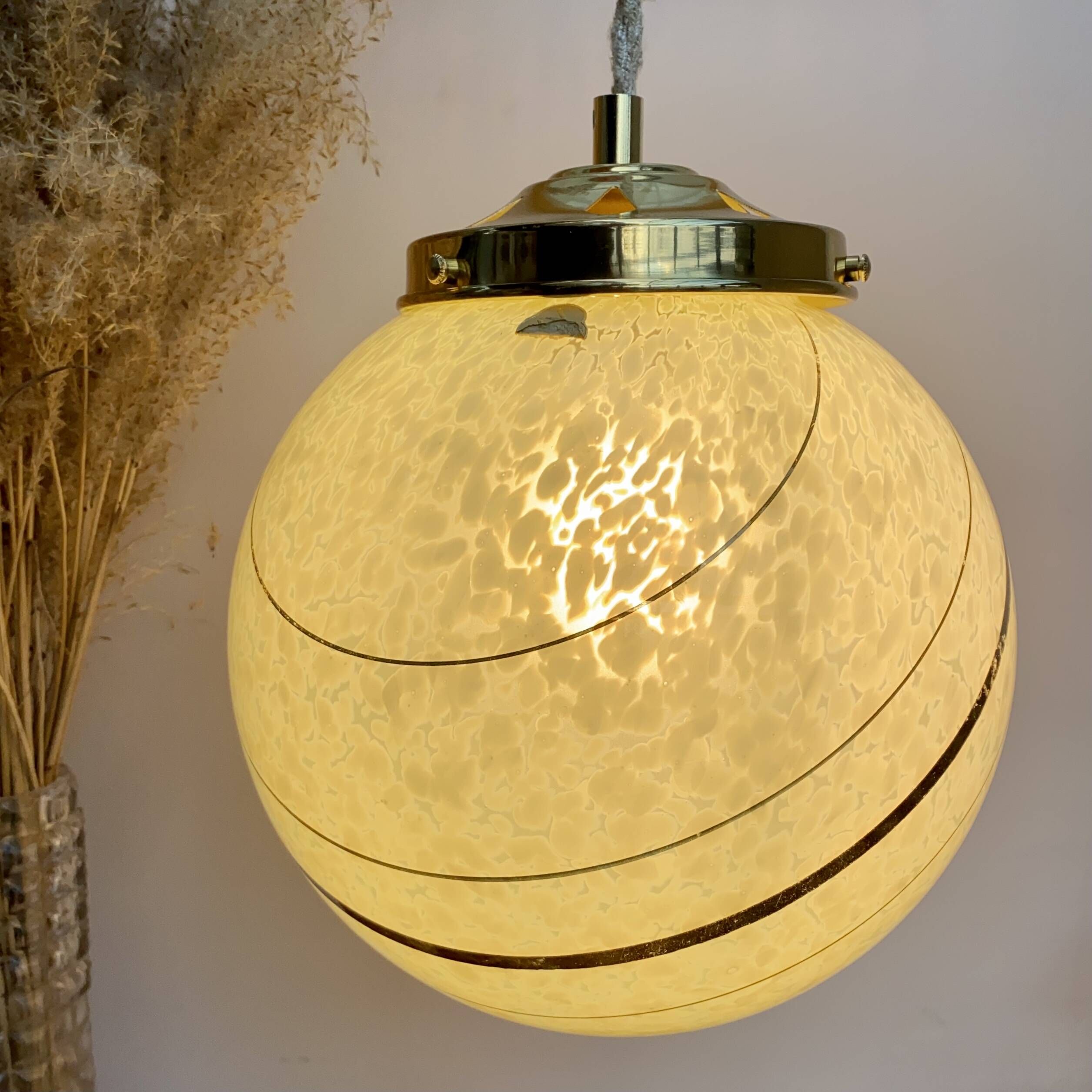 Vintage art deco globe pendant light in mint and gold clichy glass