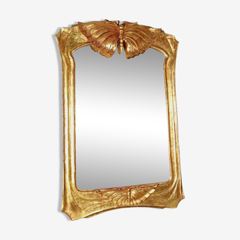 Old Art Nouveau mirror carved wood gilded gold leaf butterflies decor 84x55 cm