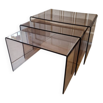 Vintage deco nesting table in smoke plexiglas 1970