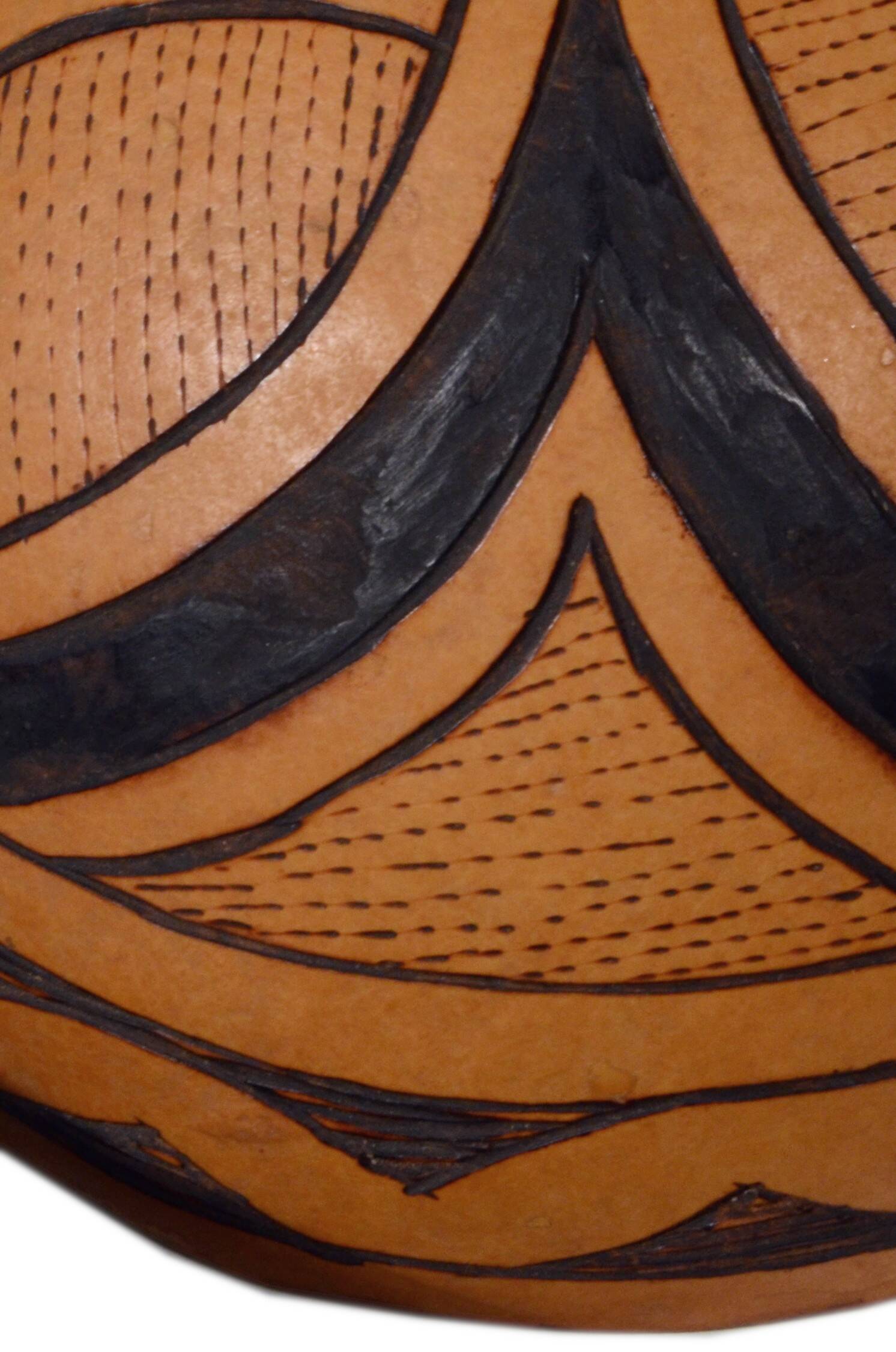 2 half decorated gourds (pyrography), floral and geometric patterns, 20cm