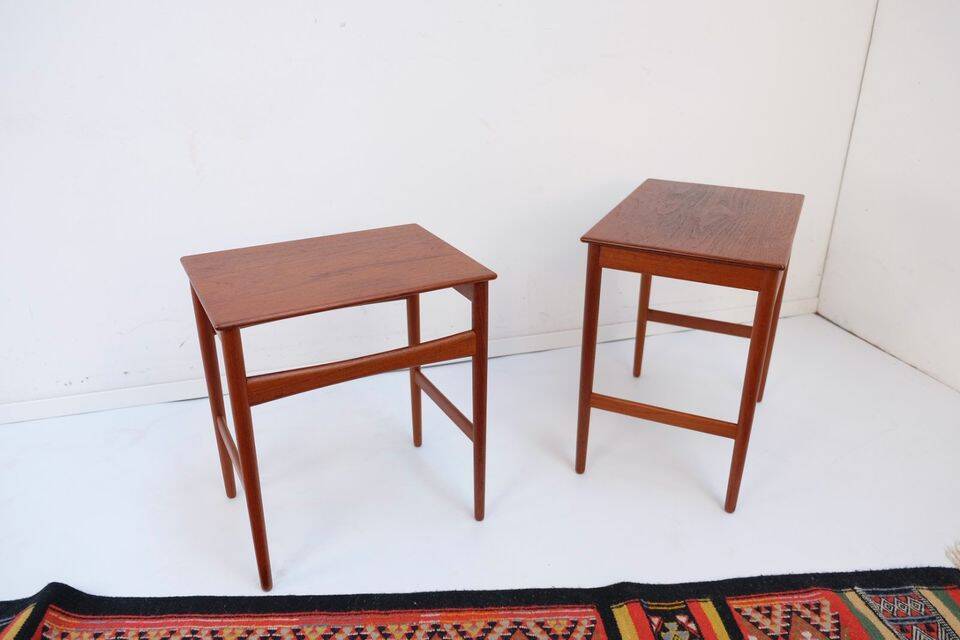 Mid-century side tables and nesting tables, in Wegner Tuck teak, Danish style.