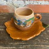 Teapot + 3 Antique Glazed Terracotta Cups Landscape Decor Vintage