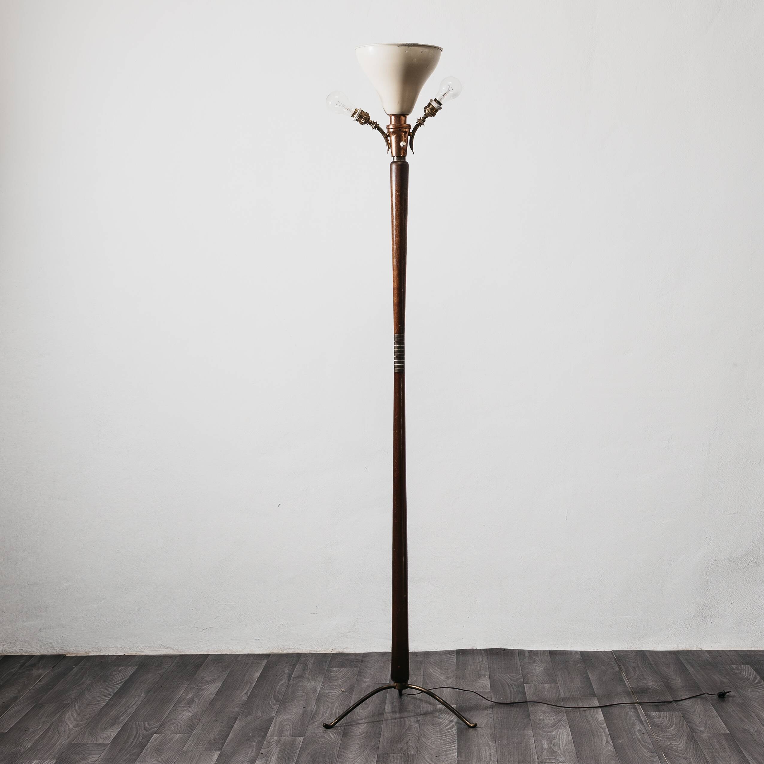 Tripod floor lamp 1950s wooden base