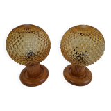 Pair of Mid-Century Table Lamps with Amber Glass and Wooden Base