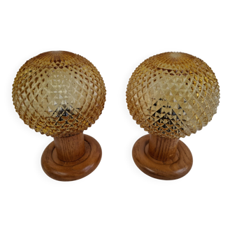 Pair of Mid-Century Table Lamps with Amber Glass and Wooden Base