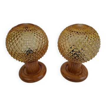 Pair of Mid-Century Table Lamps with Amber Glass and Wooden Base