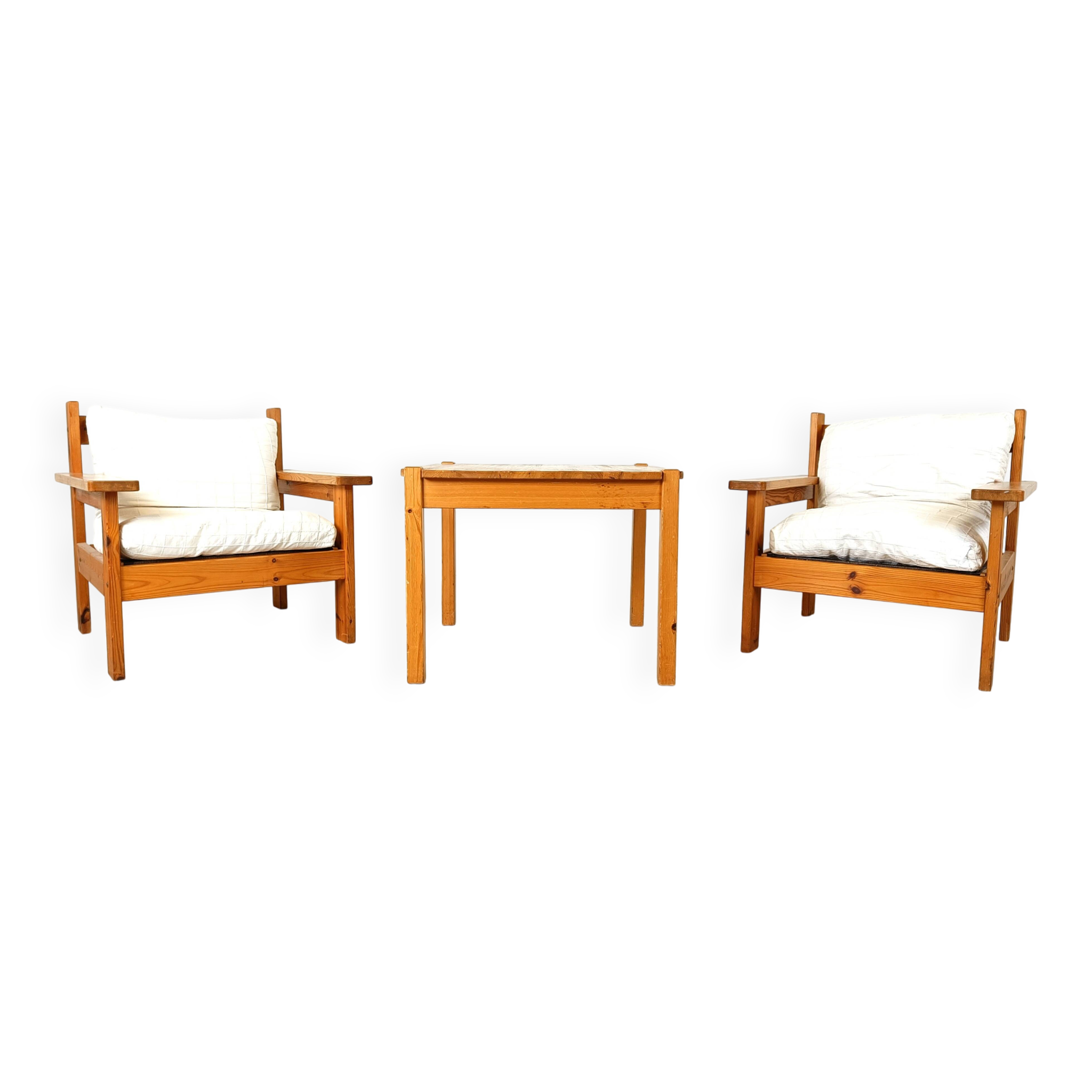 Vintage pine wood armchair set, 1980s