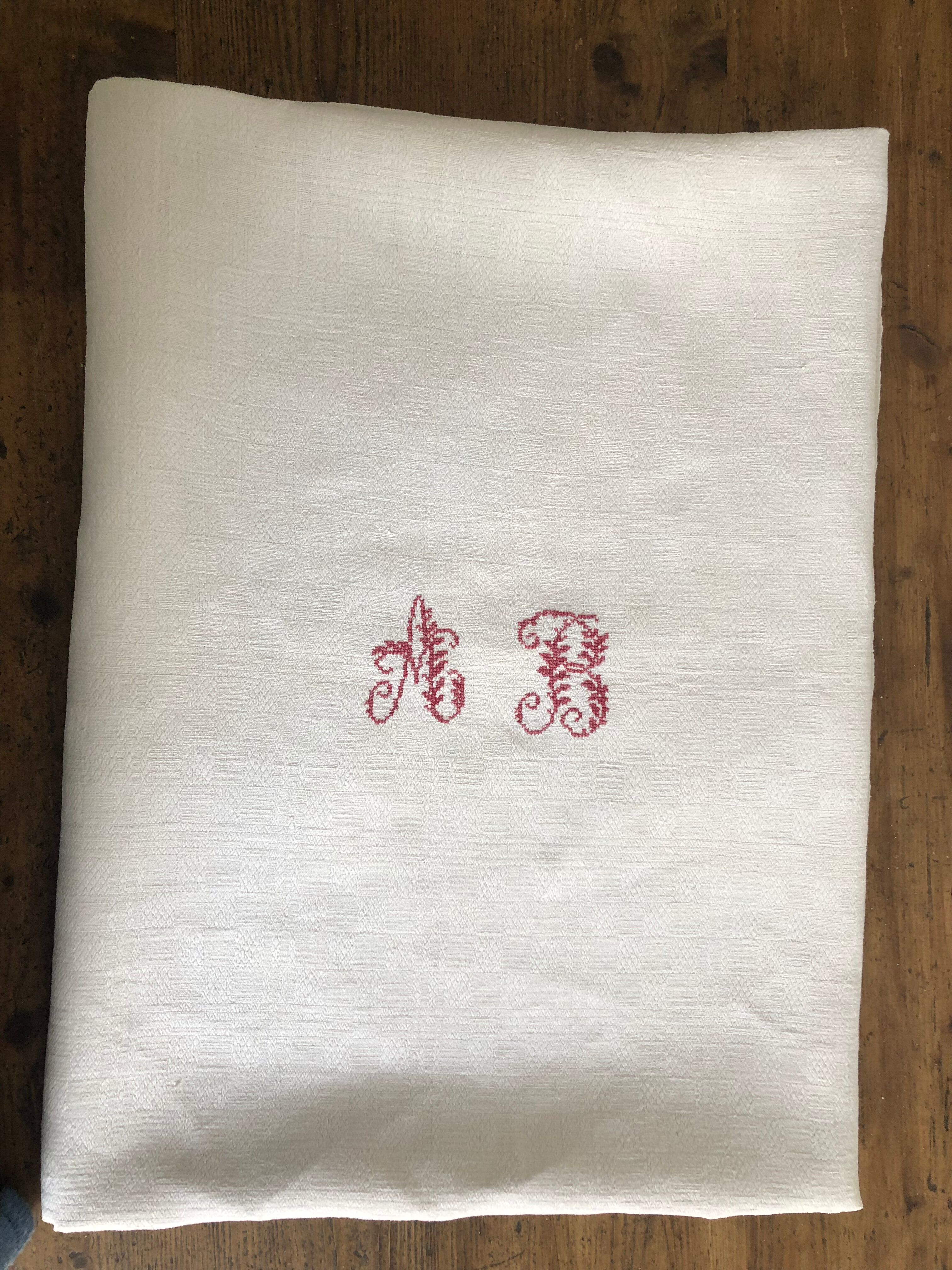 Tablecloth with AB monogram, antique linen