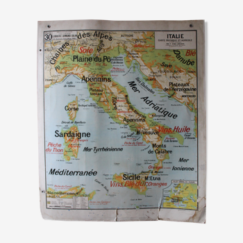 Carte scolaire ancienne N°30 « Italie carte physique, agricole, industrielle"