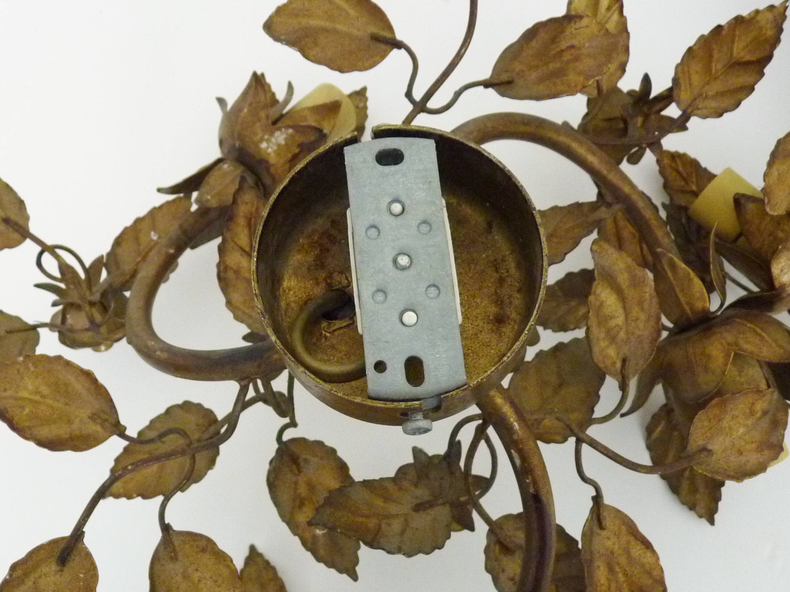 Pair of 3-light gold leaf and flower wall lights, Italy, 1970s-80s