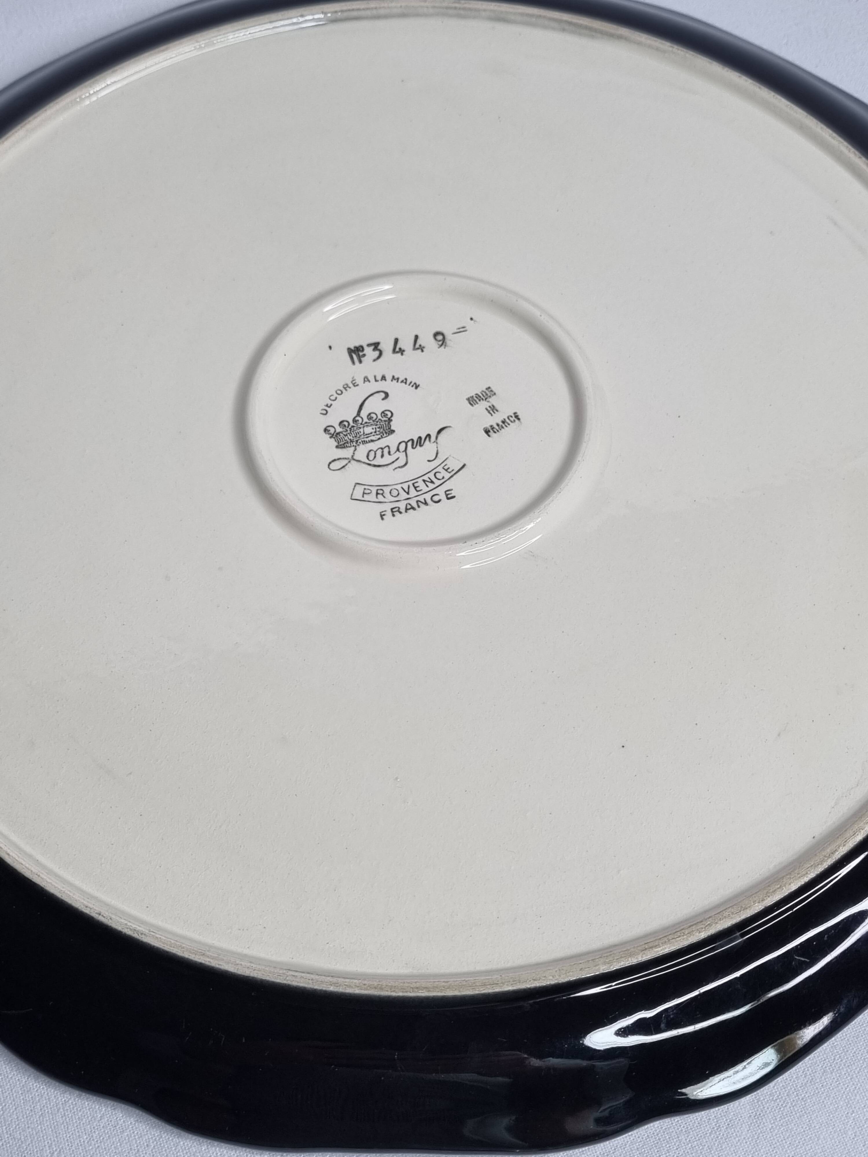 Longwy pie dish 33 cm, "Provence" decor, polychrome abstract, black enamel, numbered, 1960s