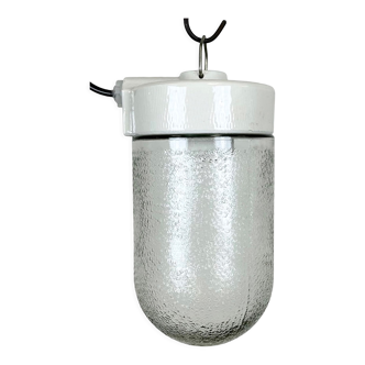 Vintage white porcelain pendant light with frosted glass, 1970s