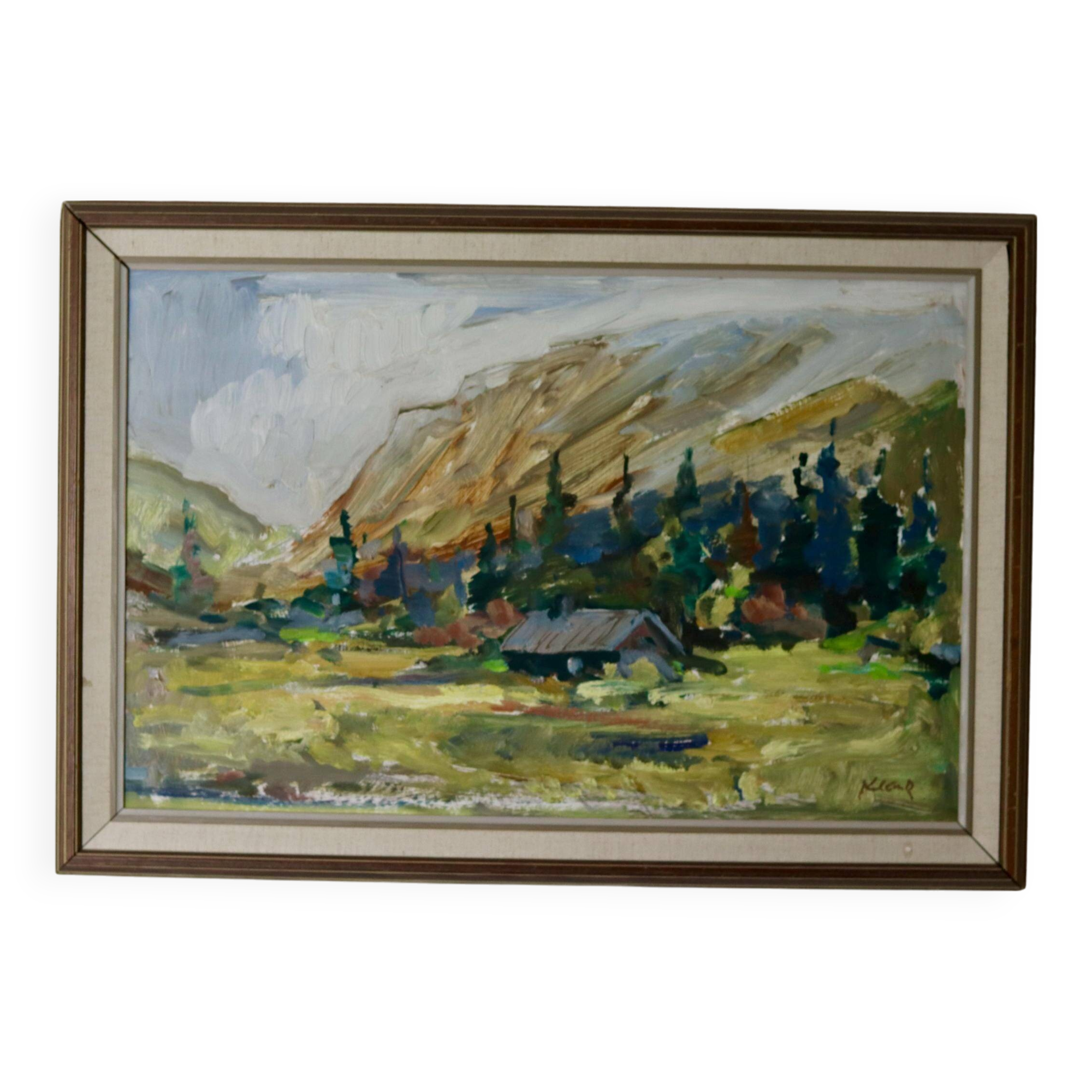 Oil painting on vintage panel "Mountain Cabin with Forest and Hills" - Vintage and framed