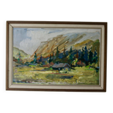 Oil painting on vintage panel "Mountain Cabin with Forest and Hills" - Vintage and framed