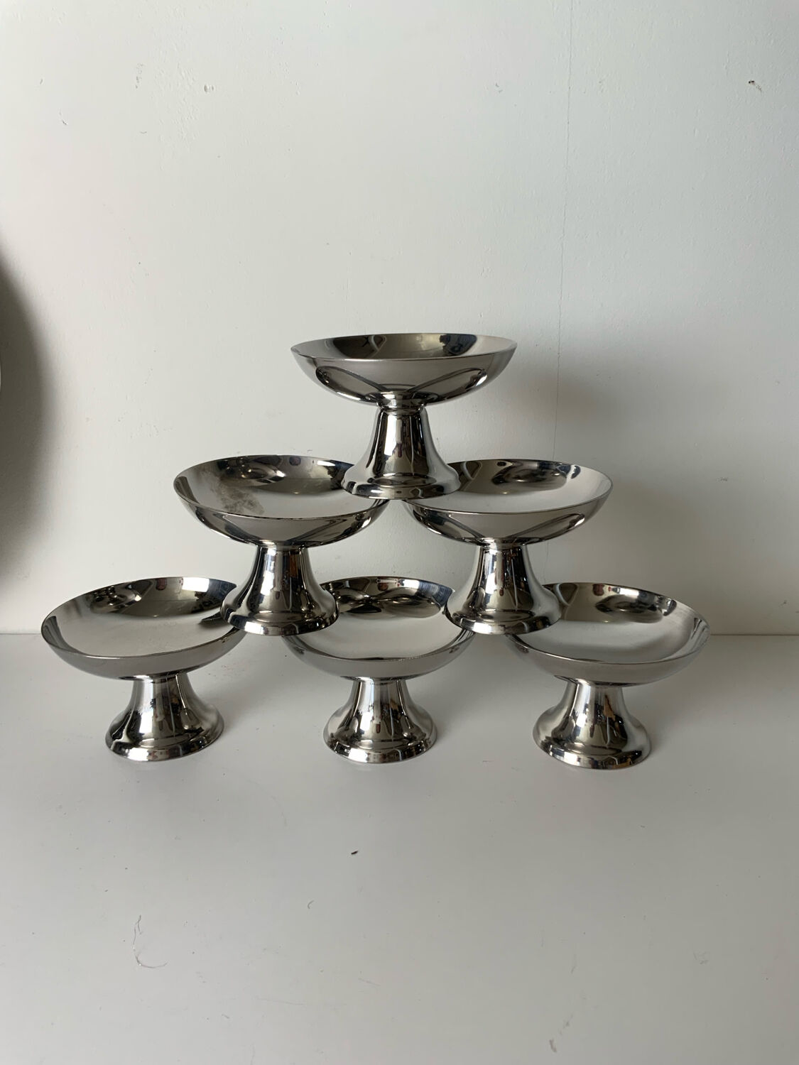 Vintage stainless steel ice cream bowls and tray