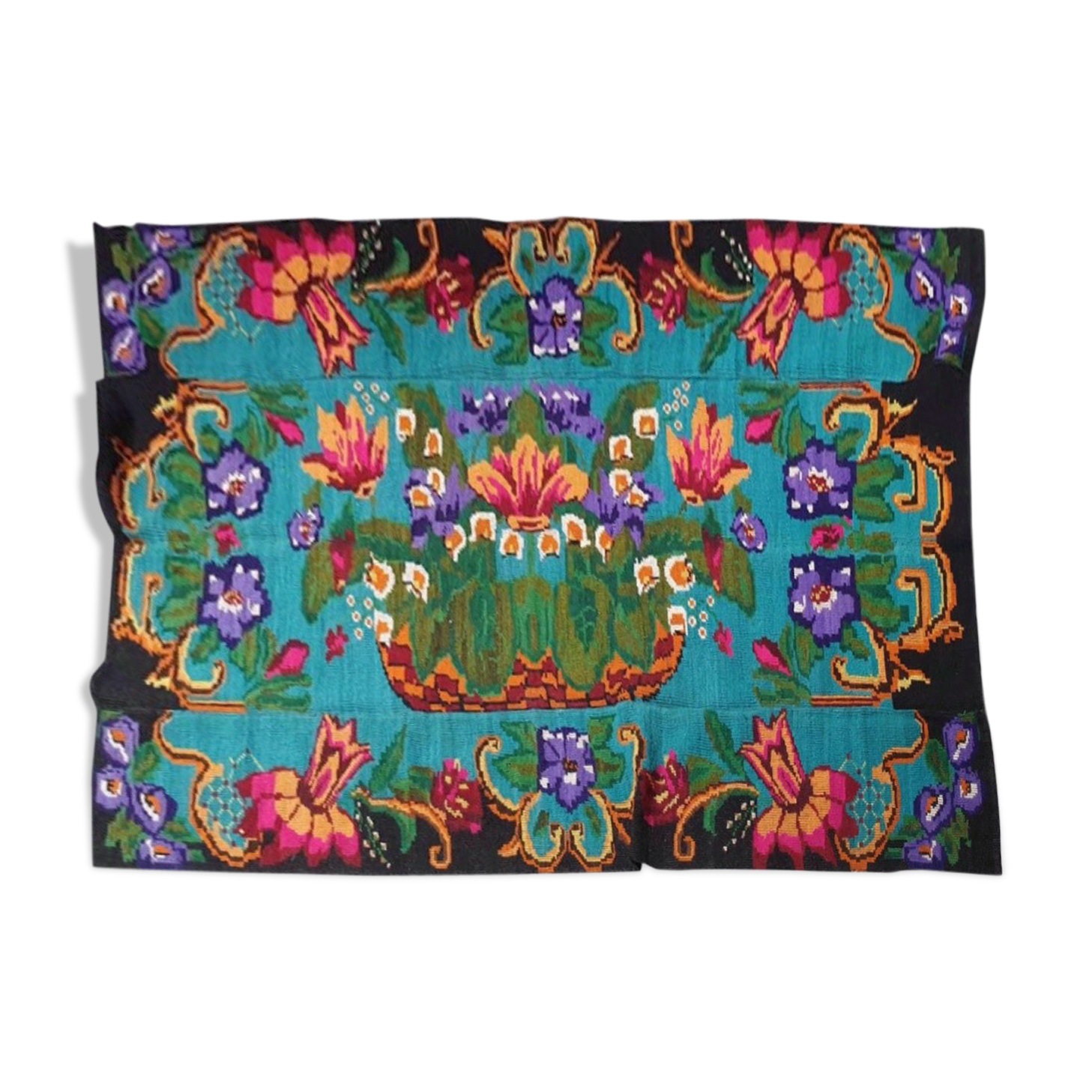 Turquoise floral wool rug, handmade in Romania. Vintage carpet 230X153 cm