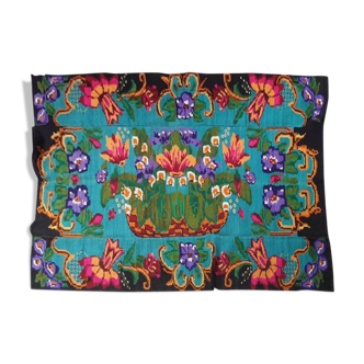Turquoise floral wool rug, handmade in Romania. Vintage carpet 230X153 cm