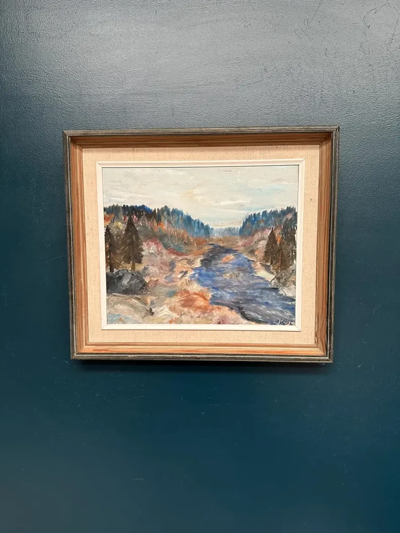 Original Swedish Oil on Canvas – “Landscape with River and Forest” by Kaj – Signed – Vintage & Framed – 60 × 52 cm (23.6" × 20.5")