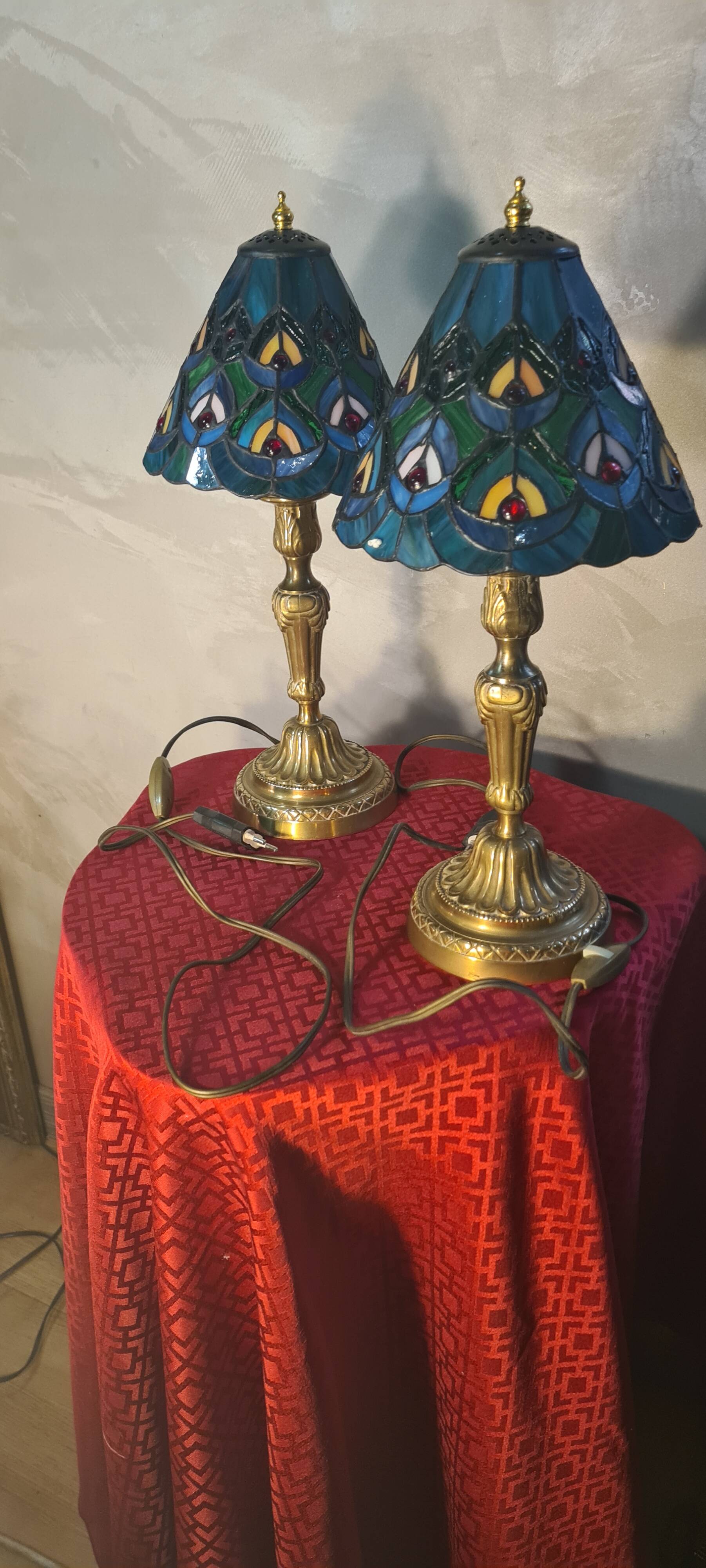 pair of antique bronze lamps, stained glass lampshades