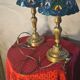 paire lampe bronze ancienne , abat jour verre vitrail