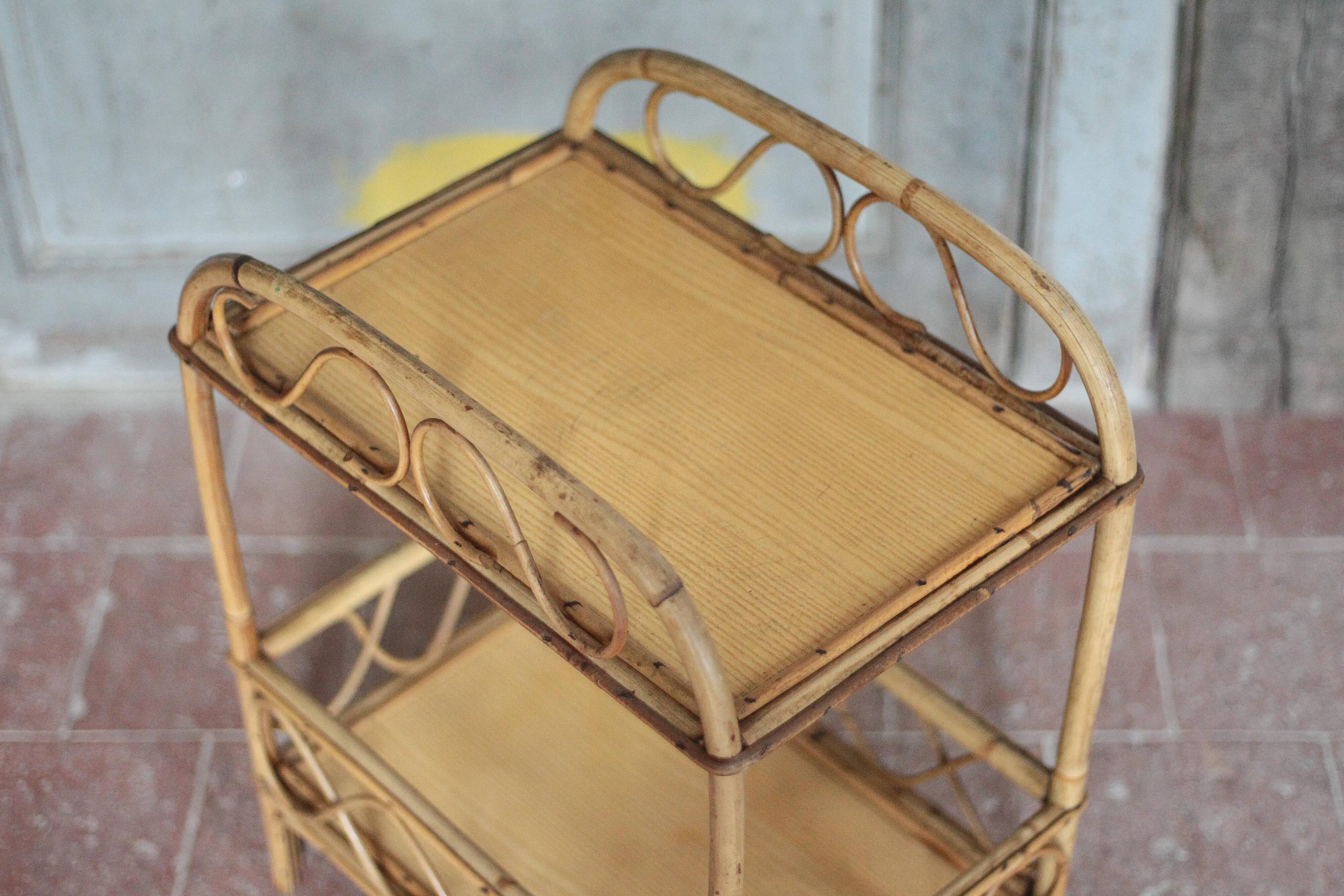 Vintage rattan serving table, two-tier side table.