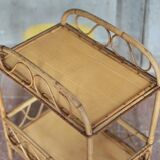 Vintage rattan serving table, two-tier side table.