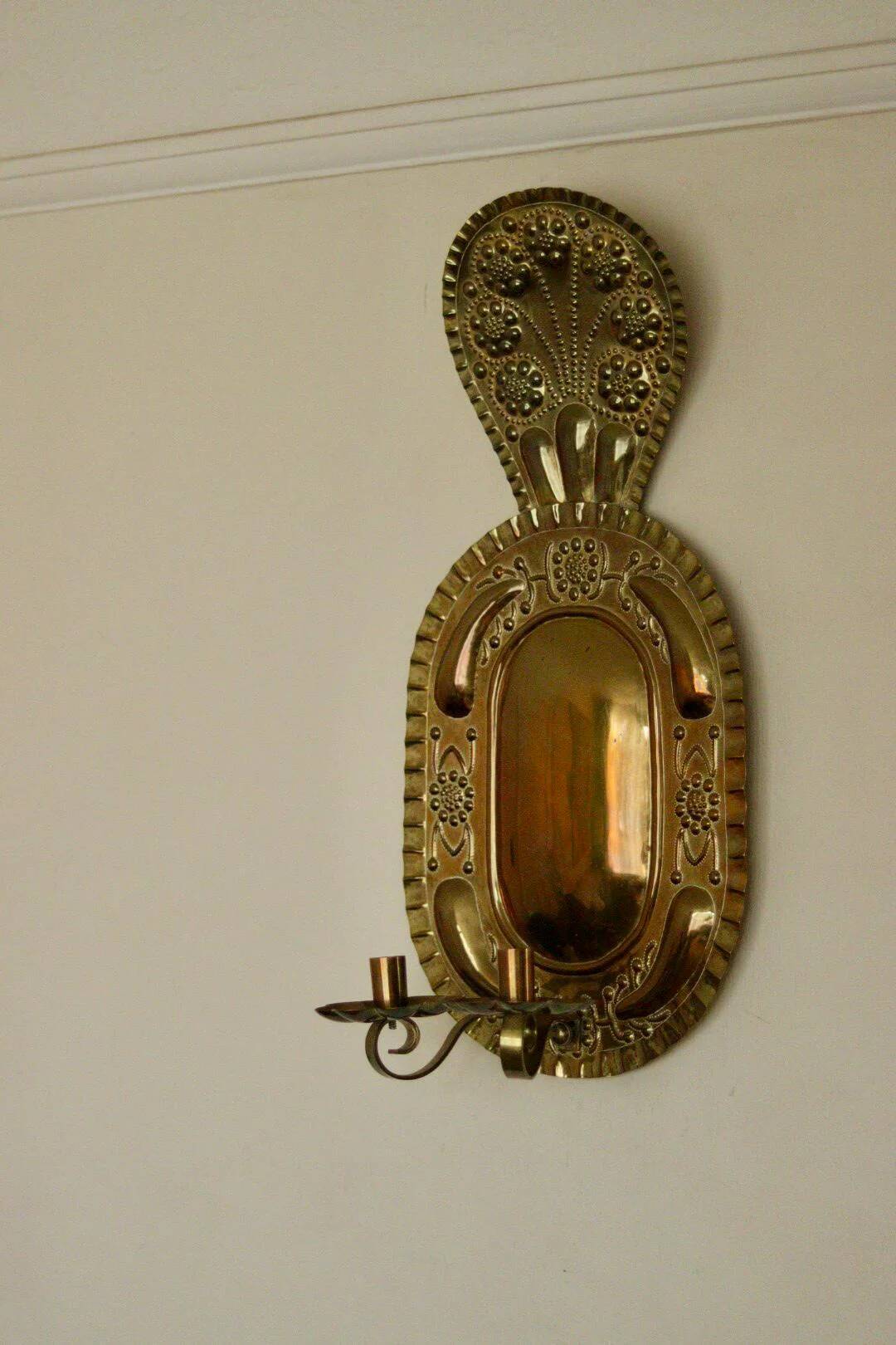 X-large mid-century Swedish brass Baroque sconce with double arm design