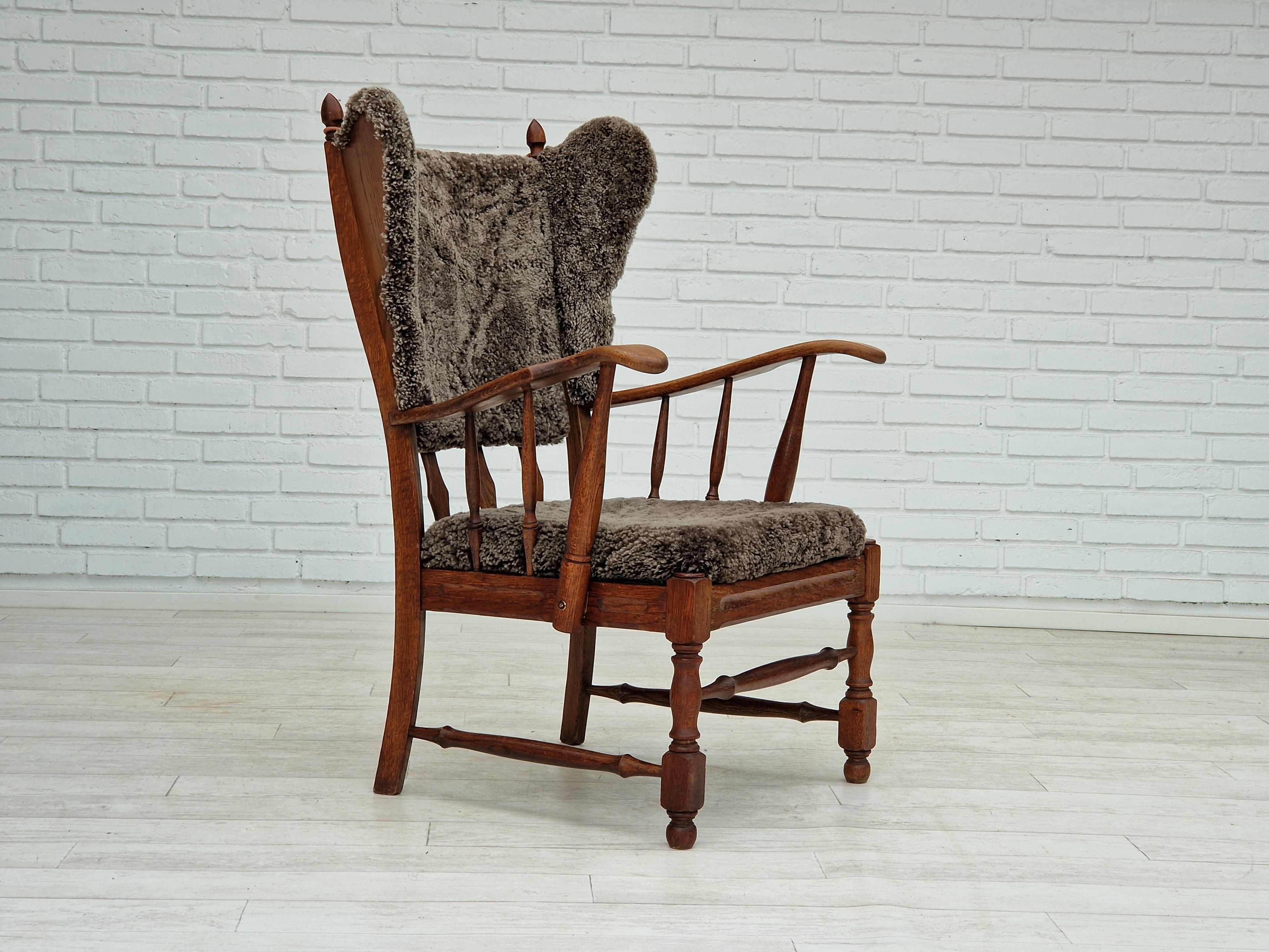 1960s, danish design, renovated-reupholstered high-back ear flap chair, sheepskin, oak wood