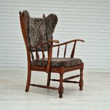 1960s, danish design, renovated-reupholstered high-back ear flap chair, sheepskin, oak wood