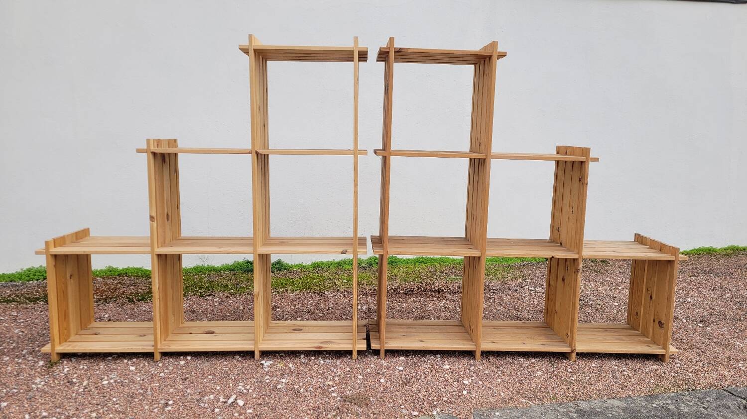 Pair of vintage pine "staircase" bookcase shelves - 1970s