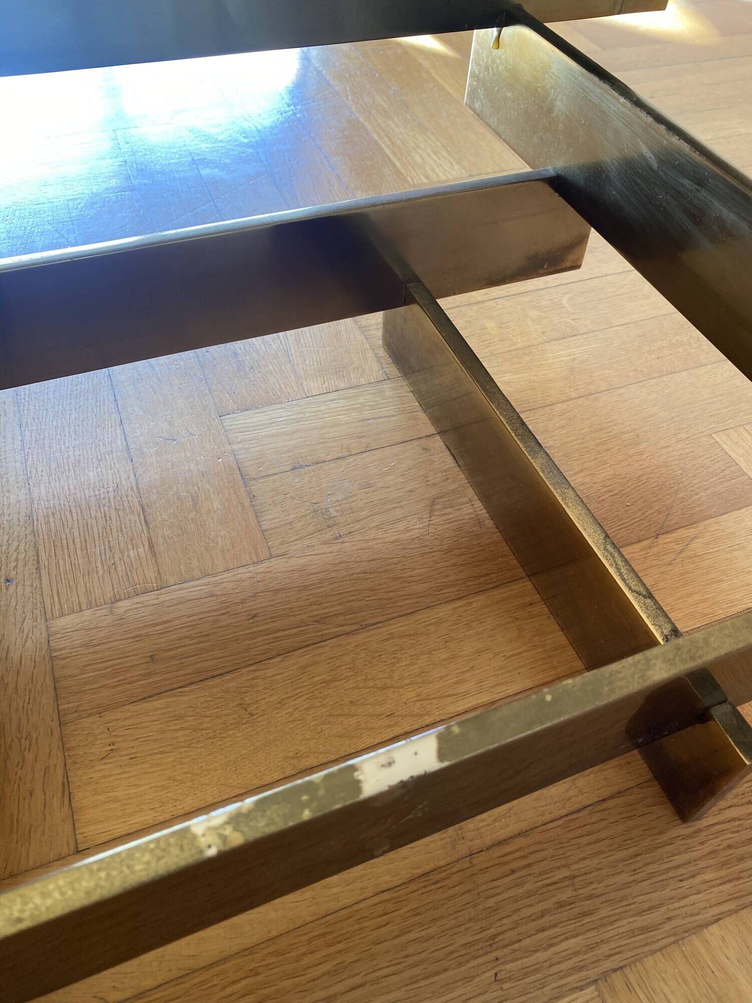 Vintage 1970s Square Coffee Table in Brass and Smoked Glass, David Hicks
