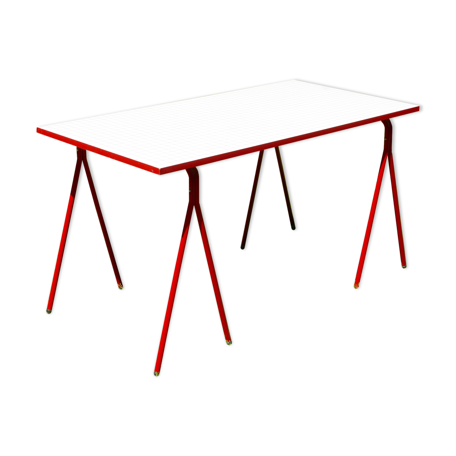 Desk with red trestles, white plaid tray, 80s