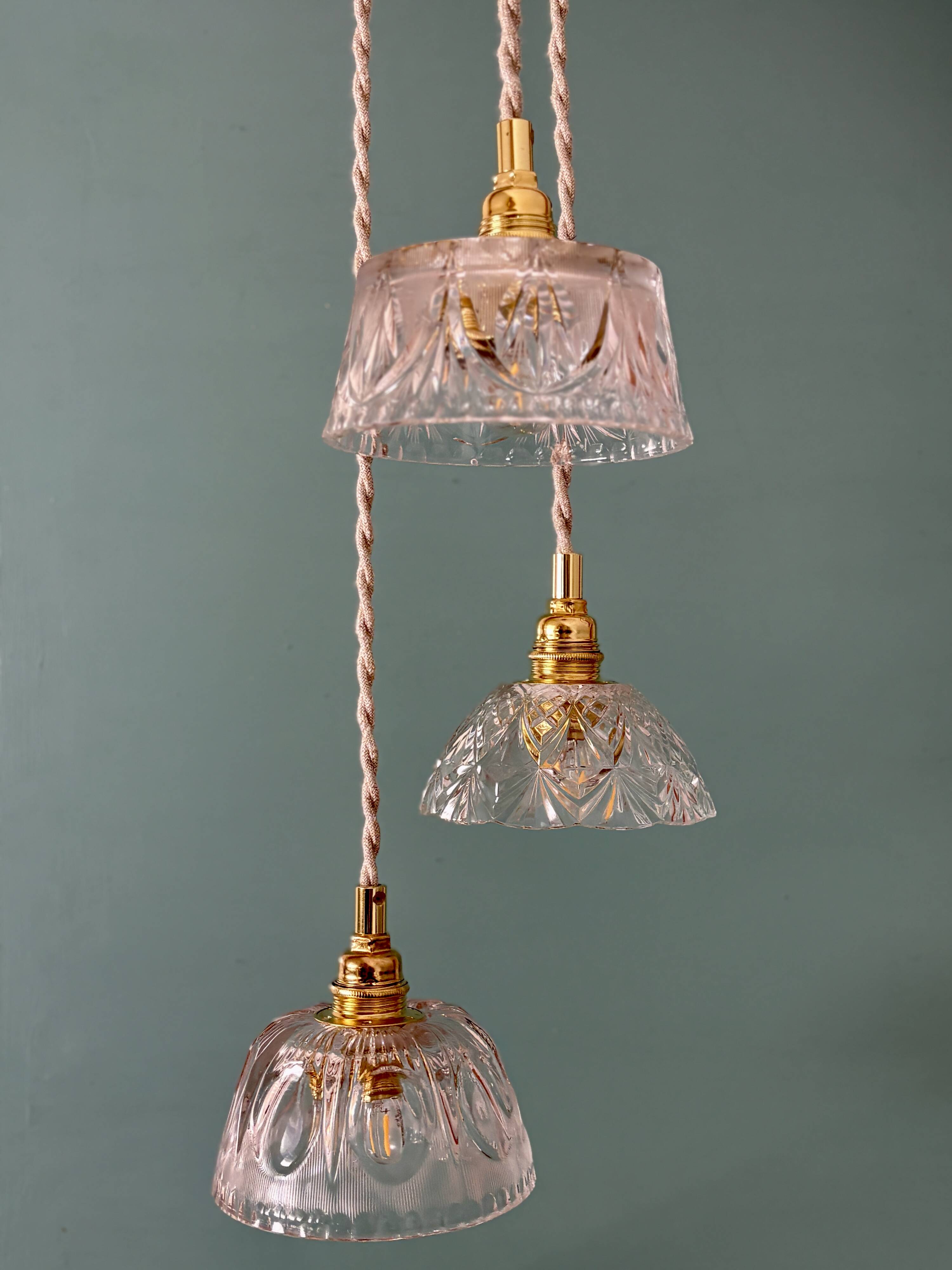Vintage triple suspension lampshade in glass and cut crystal - collection