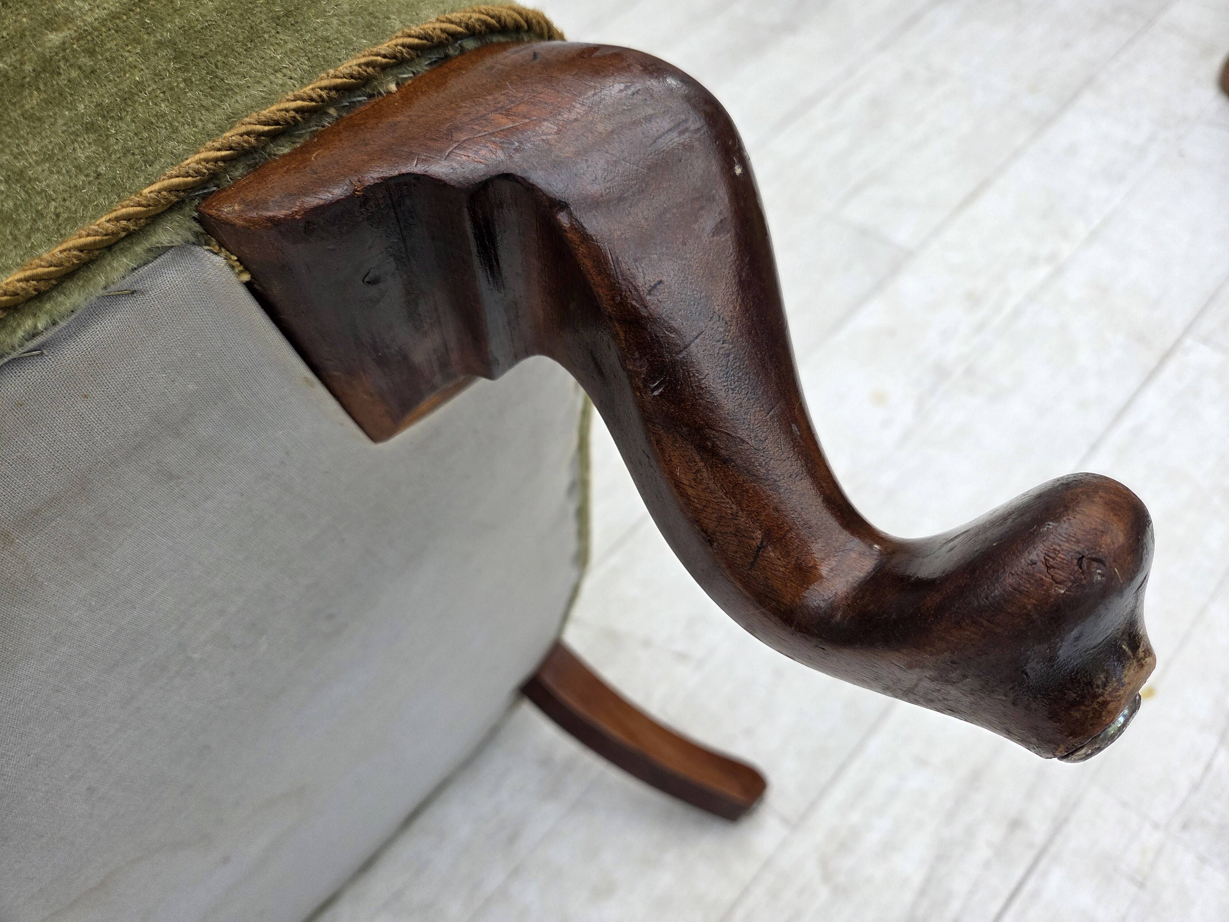 1960s, Scandinavian armchair, green furniture velour, oak wood legs.