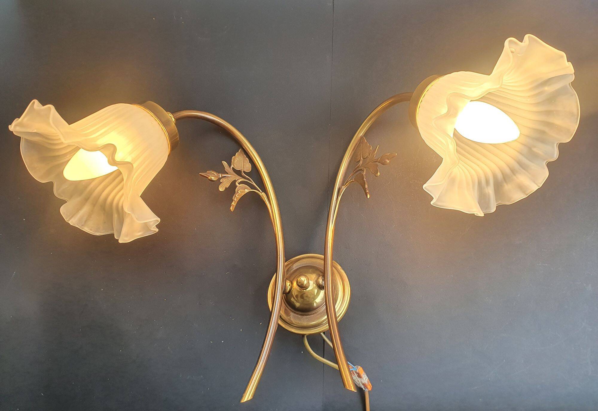 Paire d'appliques murales grandes doubles Art-Déco tulipes vintage France