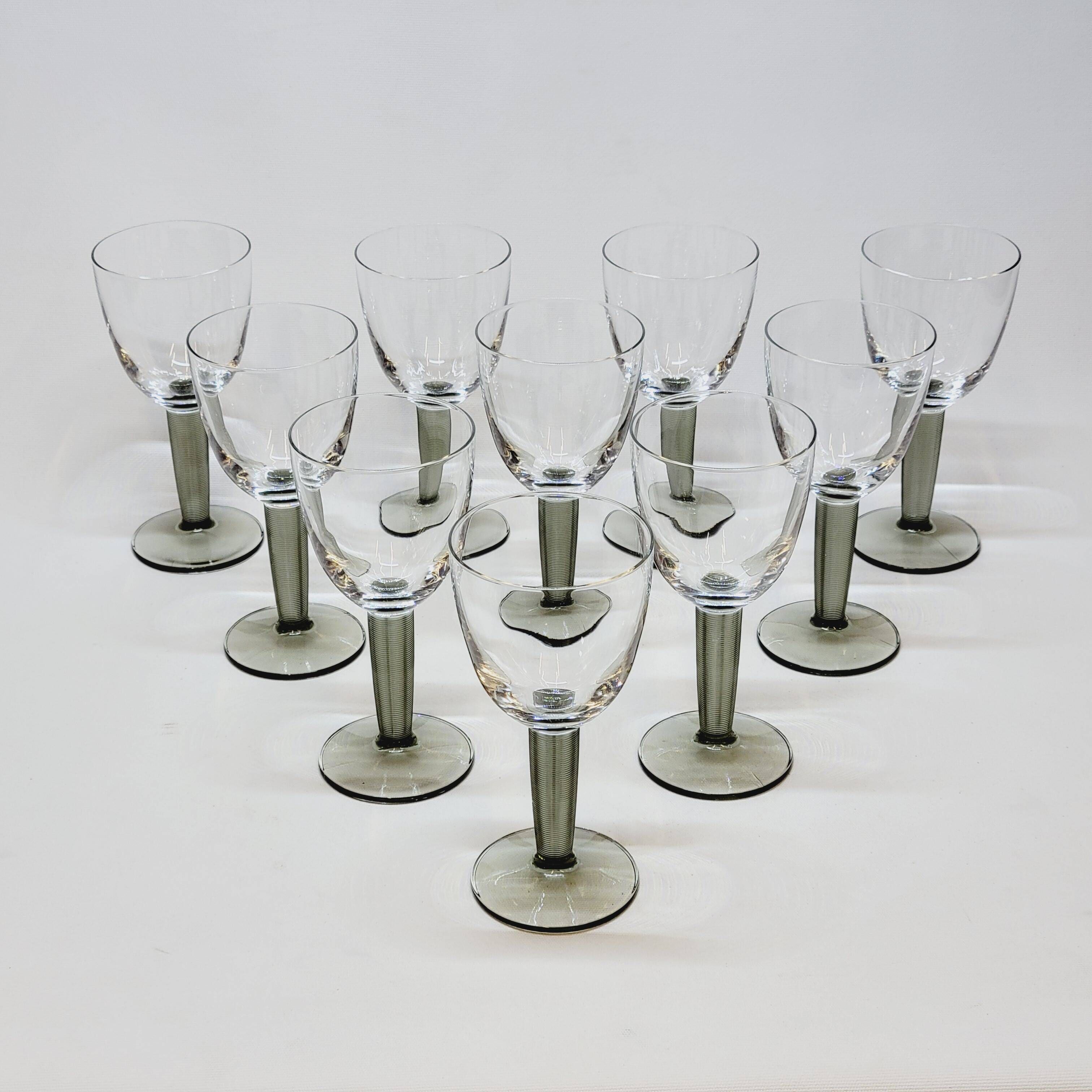10 Bormioli Rocco Vintage Crystal Wine Glasses with Grooved Grey Stem