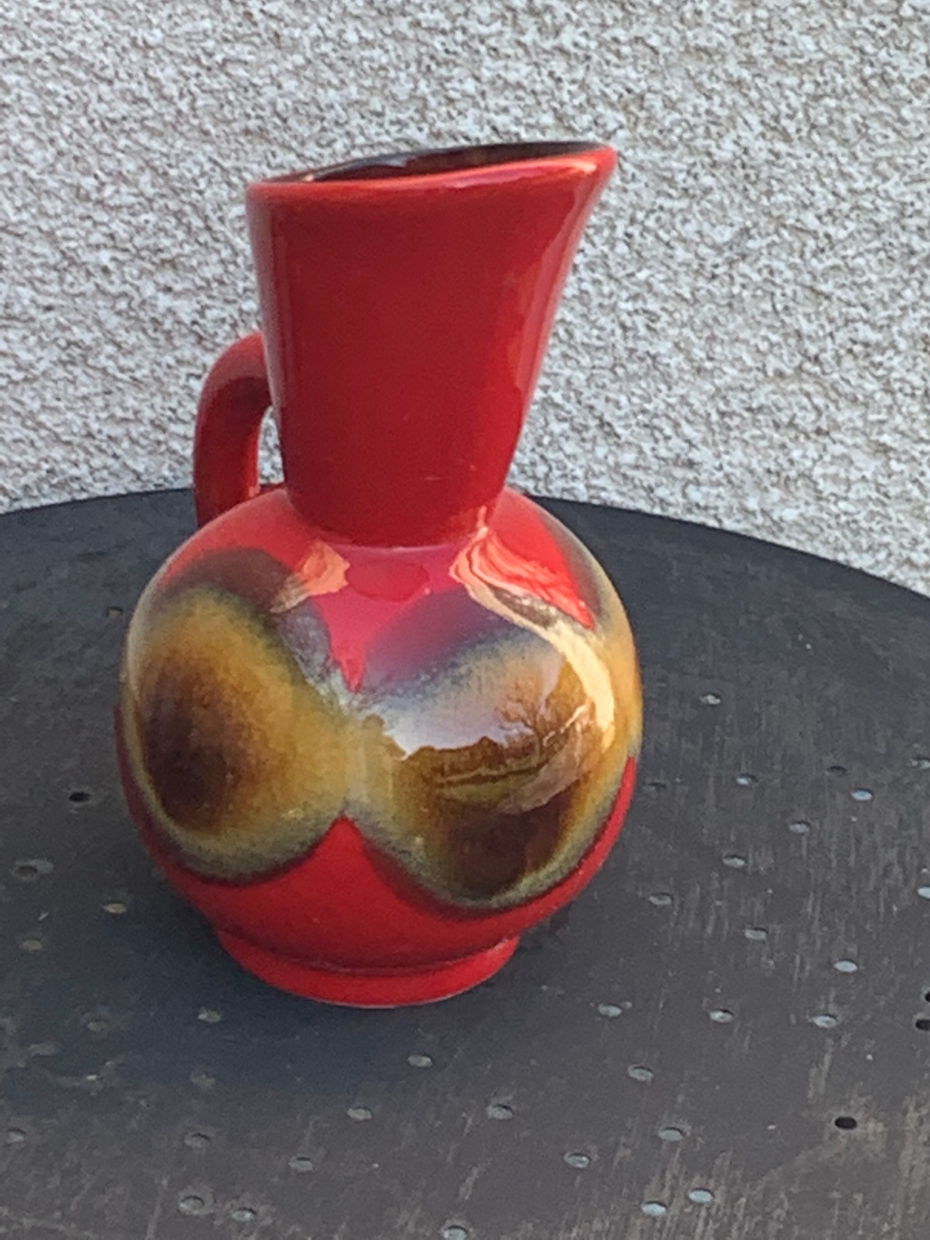 Red and beige glazed ceramic jug, pitcher, carafe, designer and vintage