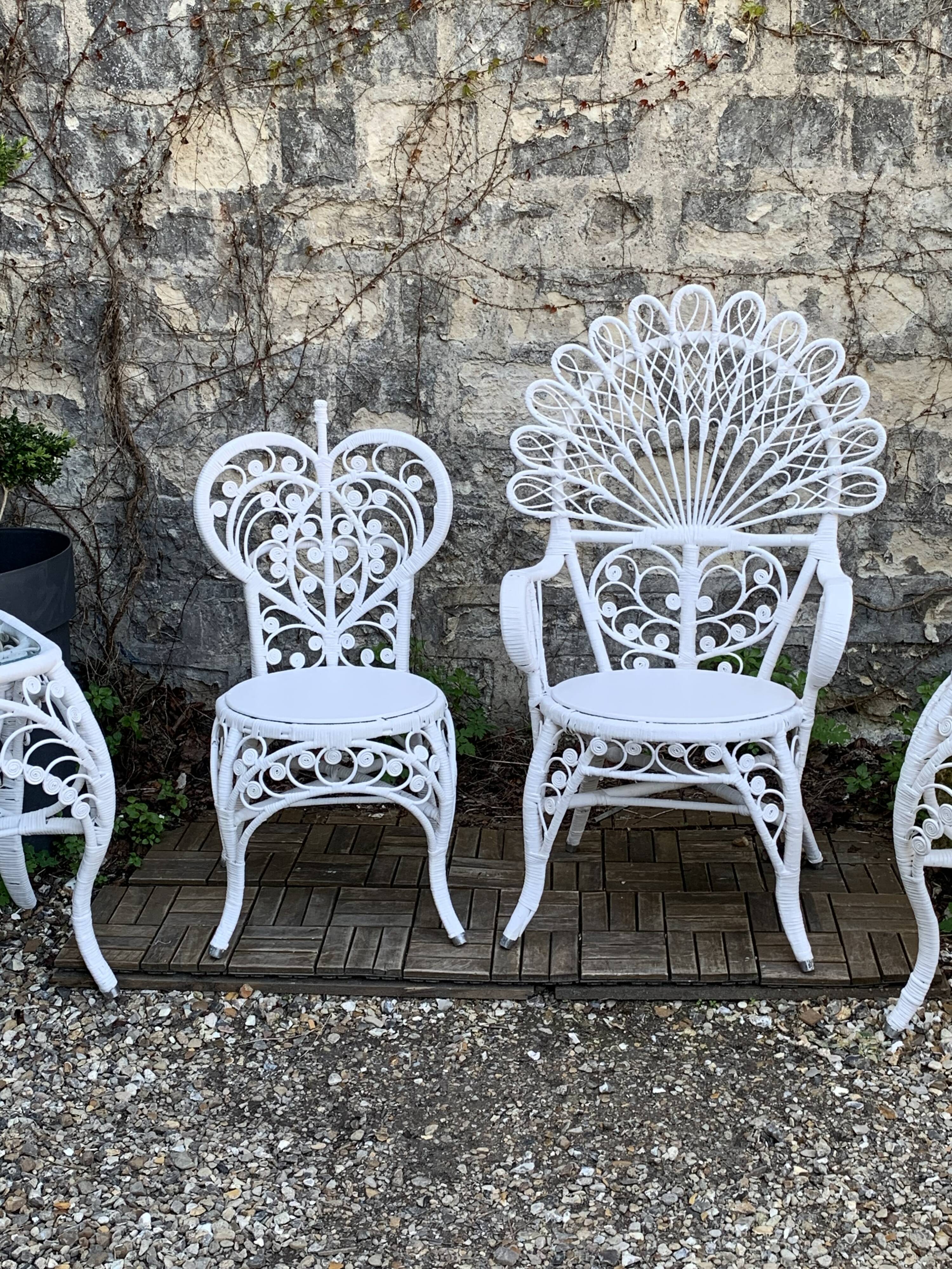 Peacock armchair and chair in white rattan, 1970