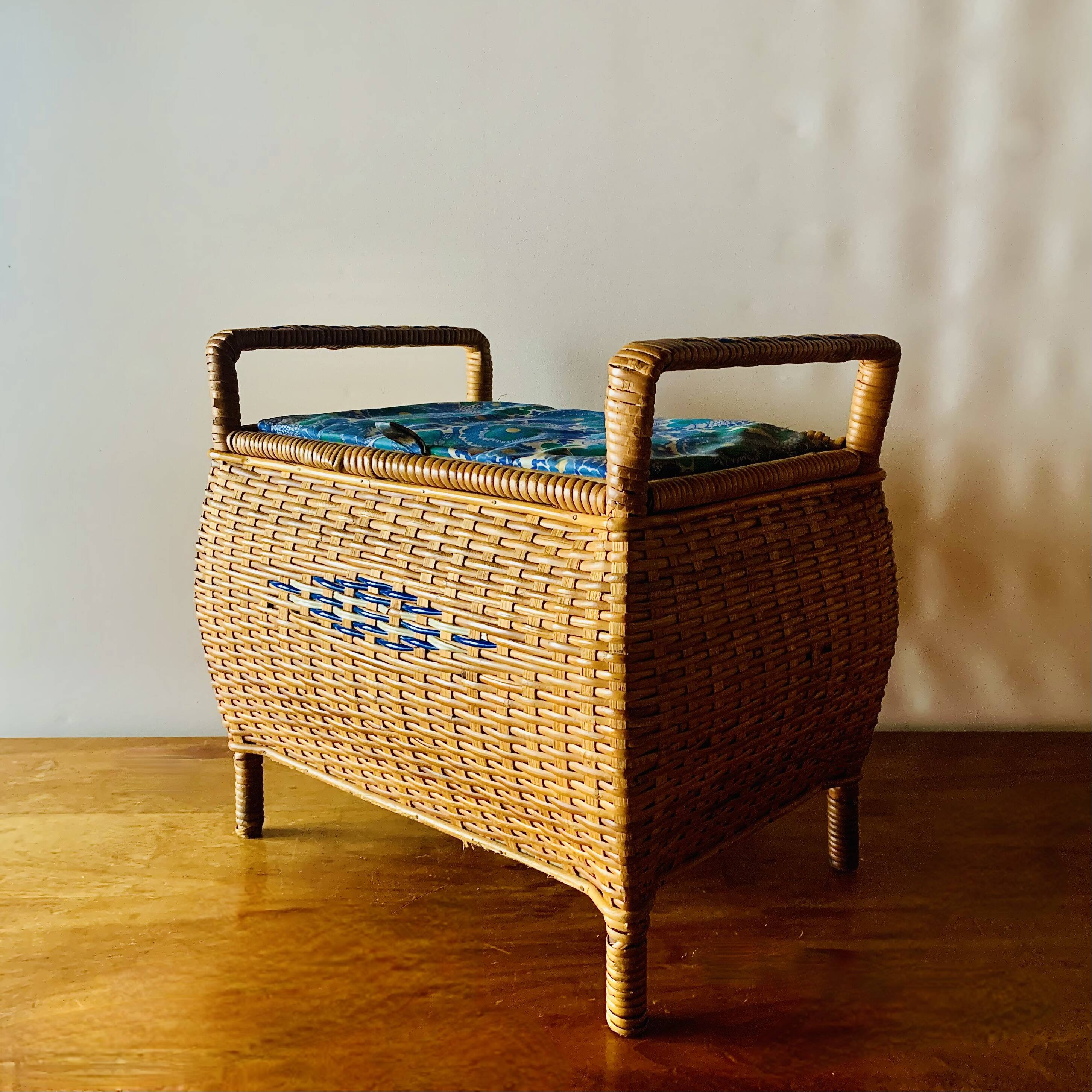 Large vintage rattan and wicker sewing basket with fabric seat