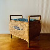 Large vintage rattan and wicker sewing basket with fabric seat