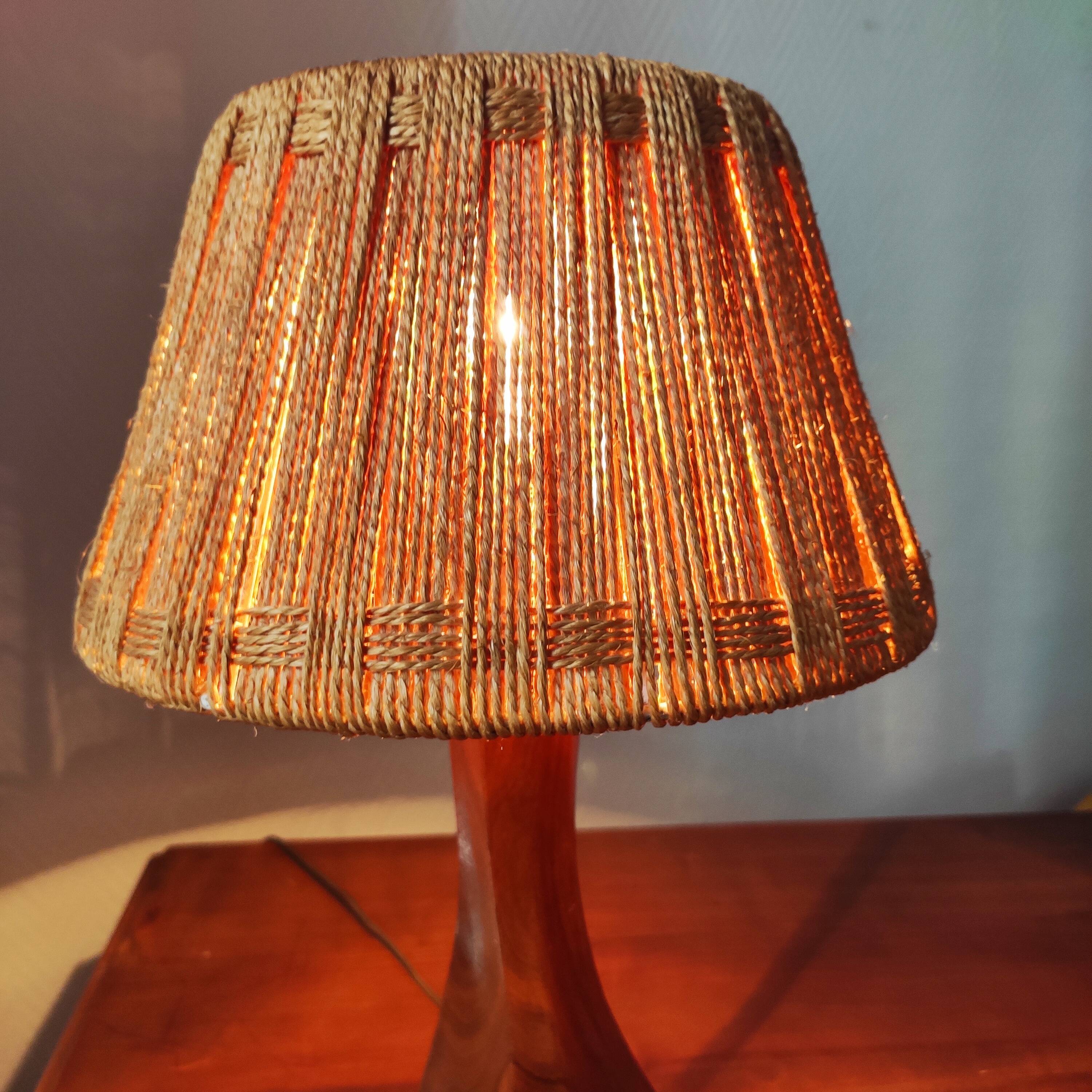 Vintage brutalist lamp from the 60s-70s made of wood and rope.