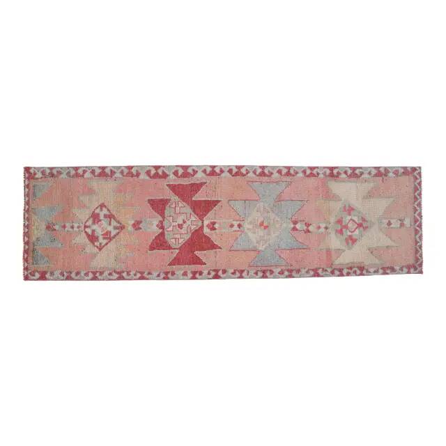 1970s Vintage Turkish Handmade Wool & Cotton Pink Runner Rug 100X349