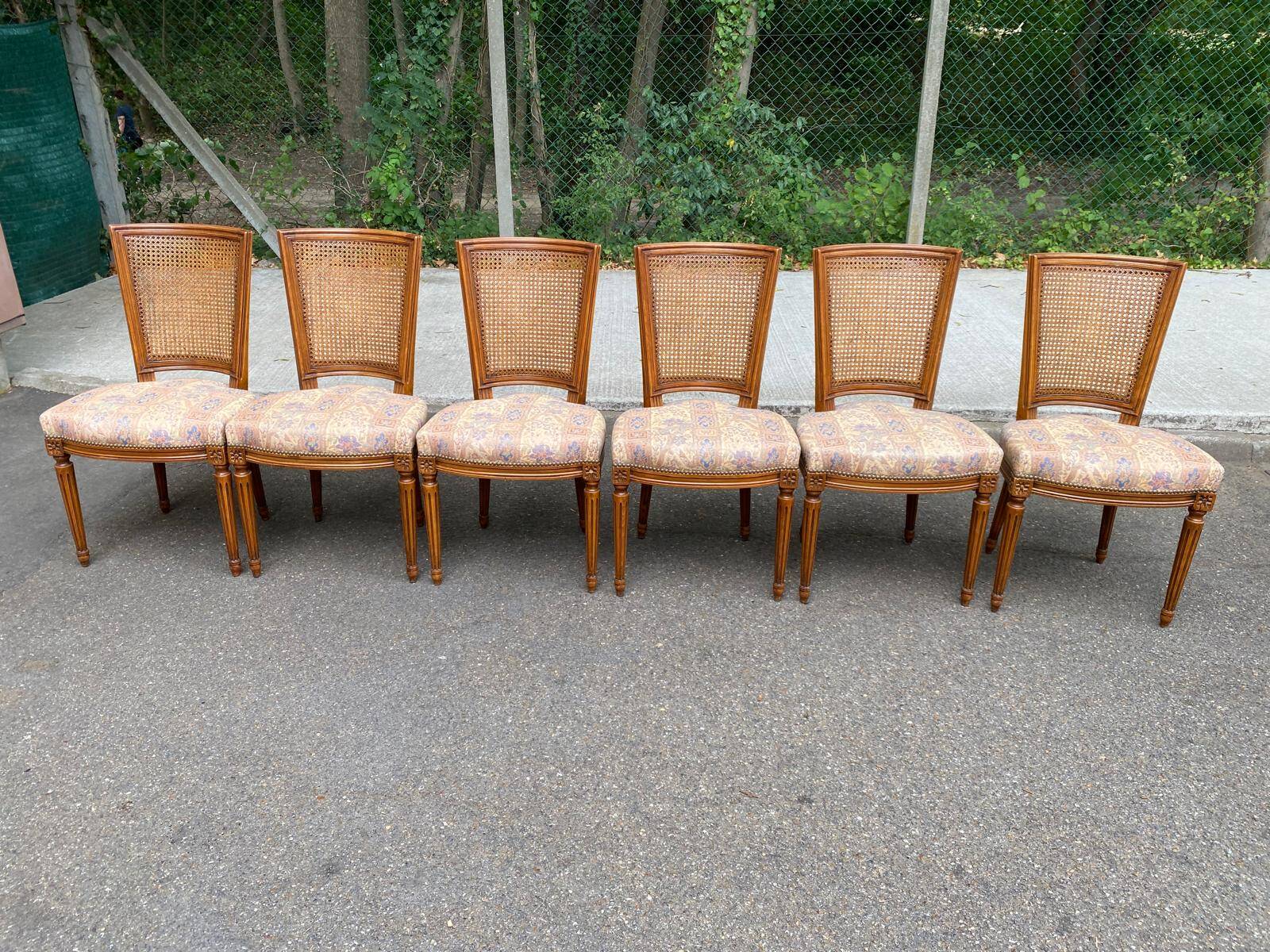 Set of 6 Louis XVI style chairs with caned backs and 70s jacquard fabric.
