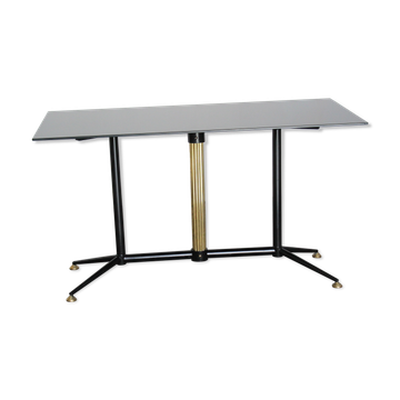 Table basse en verre noir laiton laqué et fer, Italie années 50