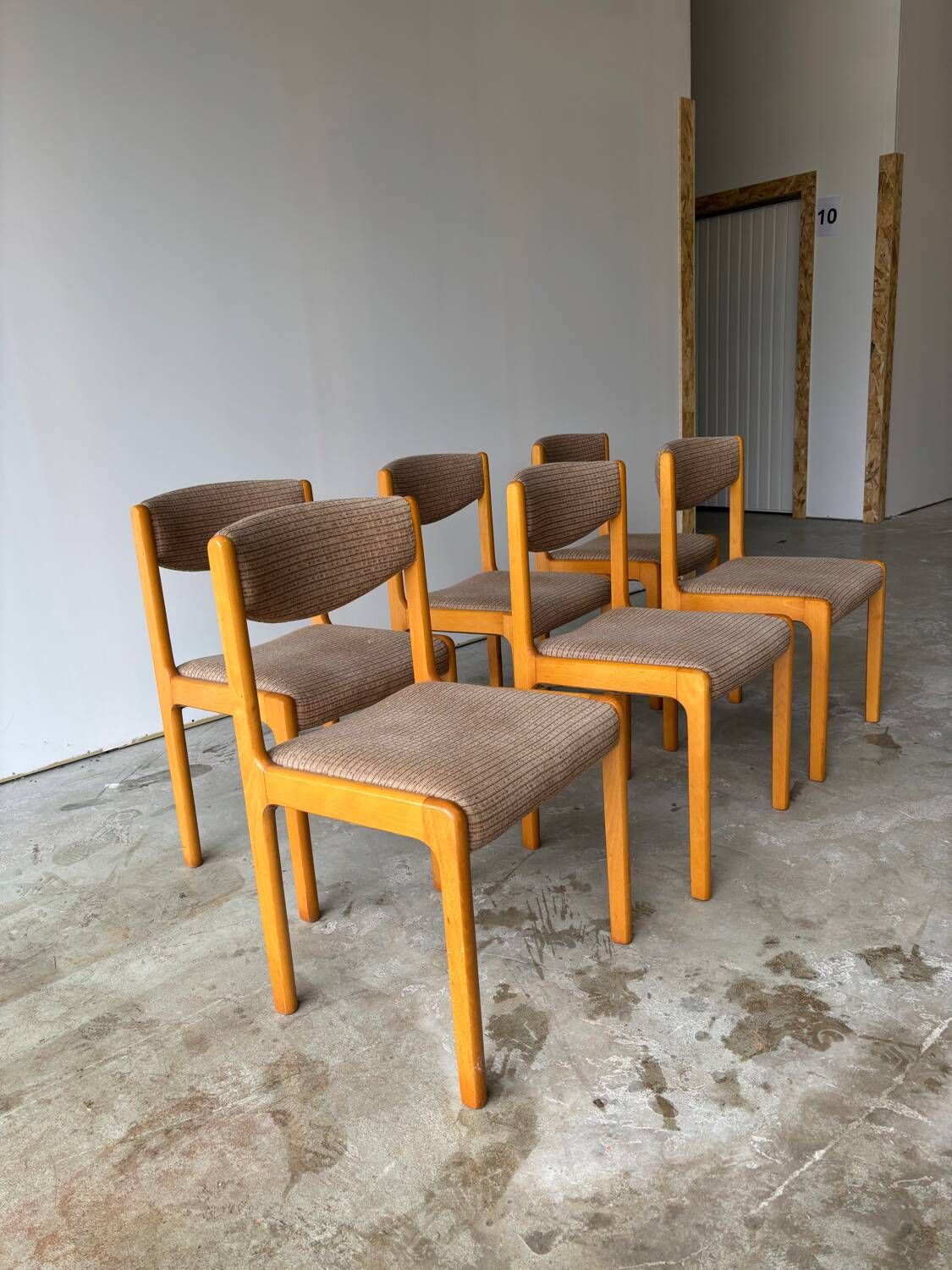 Set of 6 Self brand chairs in beech with wool seat