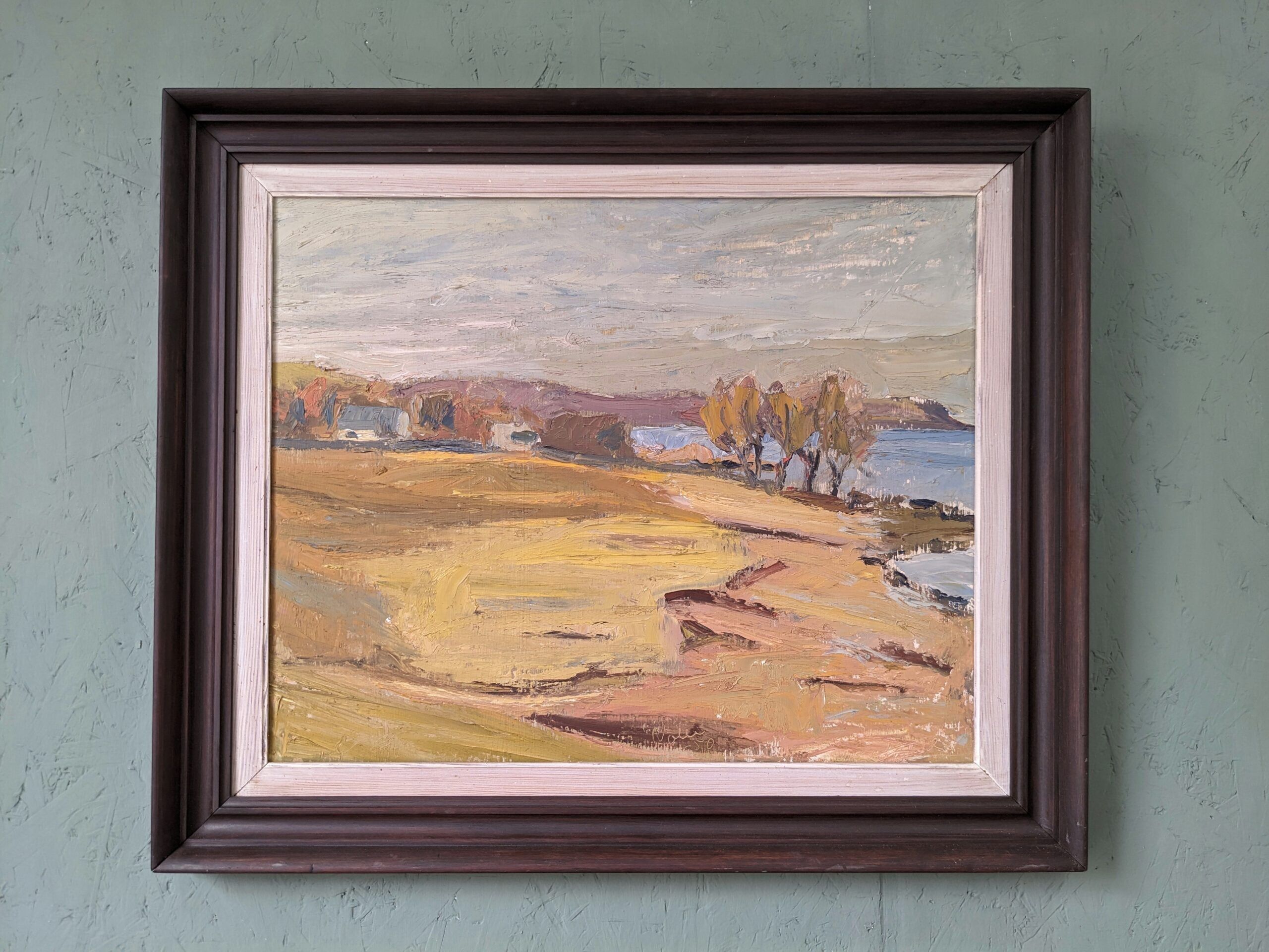 Peinture à l’huile de paysage vintage suédoise moderne « Golden Meadows » du milieu du siècle, encadrée