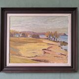 Peinture à l’huile de paysage vintage suédoise moderne « Golden Meadows » du milieu du siècle, encadrée